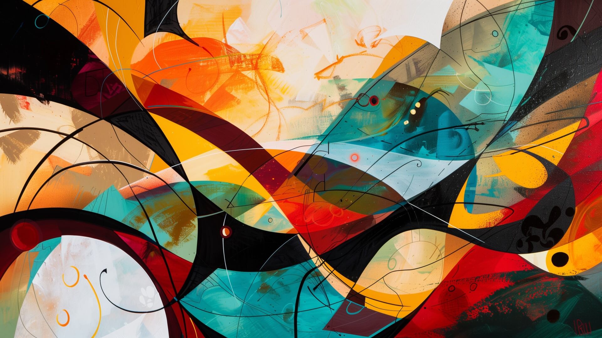 Abstrakte Kunst mit kräftigen Farben und dynamischen Formen