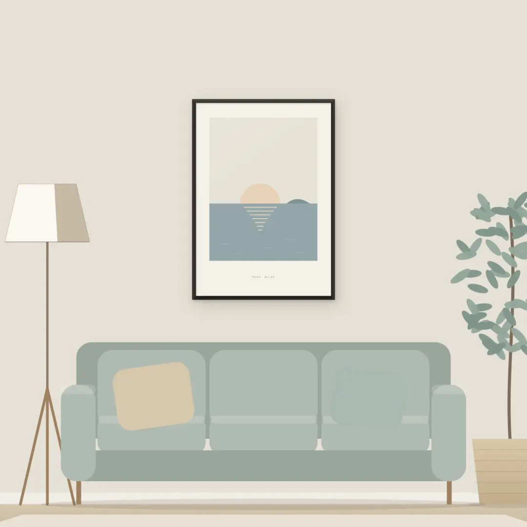 Poster Horizont im schwarzen Holzrahmen über dem Sofa im Wohnzimmer
