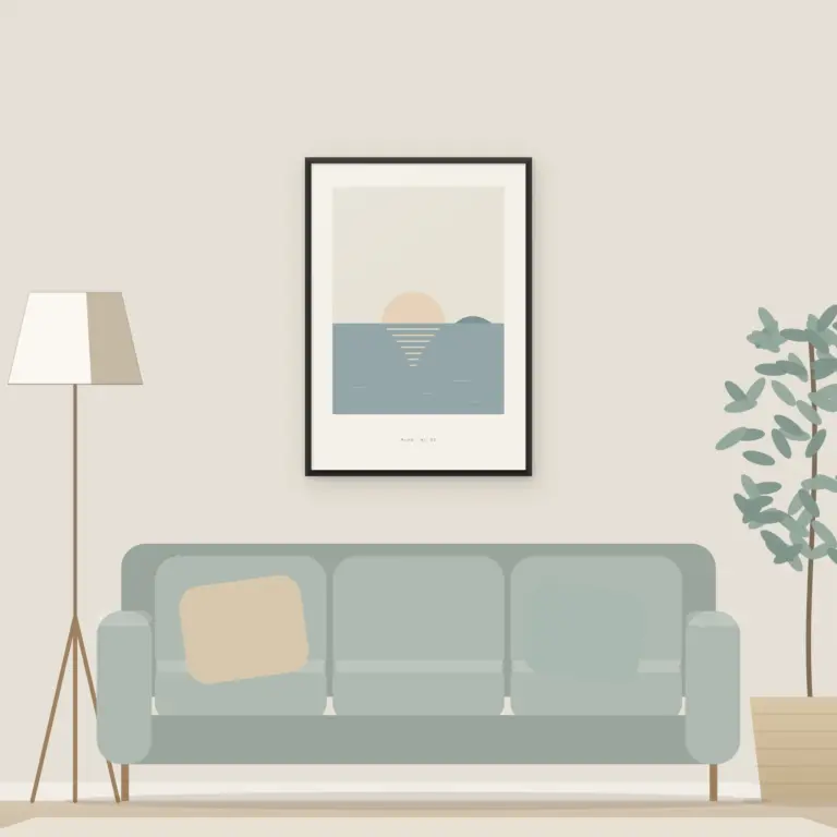 Poster Horizont im schwarzen Holzrahmen über dem Sofa im Wohnzimmer