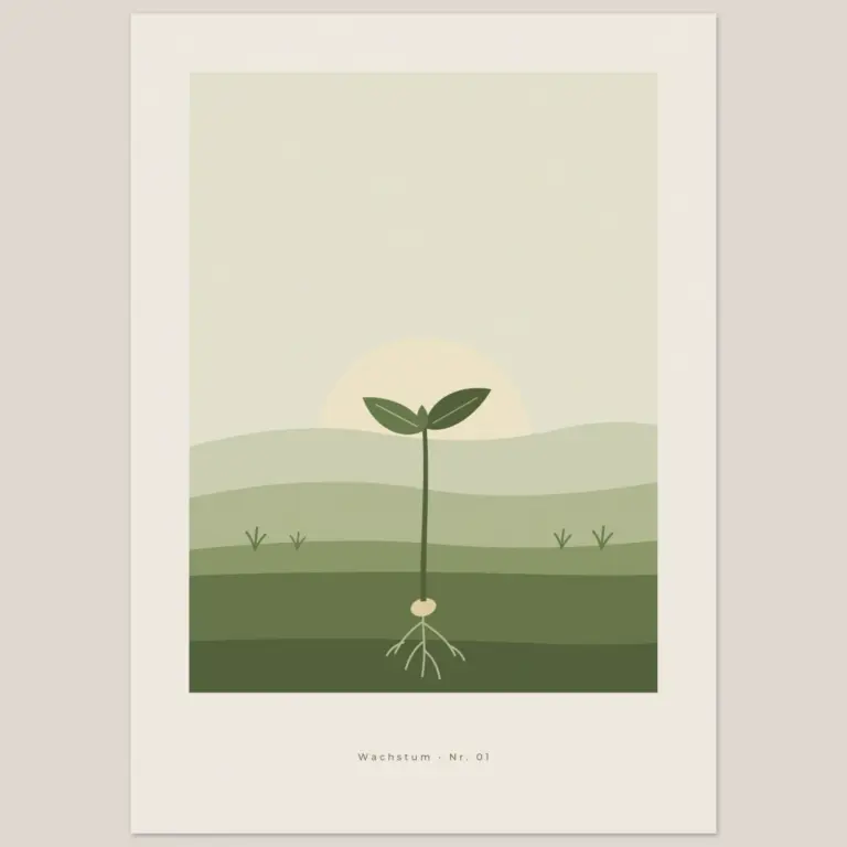 Poster Keimling von PictoSense: Keimling mit sichtbaren Wurzeln vor sanften Hügeln in Moosgrün