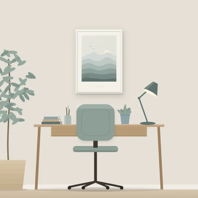Poster Nebelhügel im weißen Holzrahmen über dem Schreibtisch im Arbeitszimmer