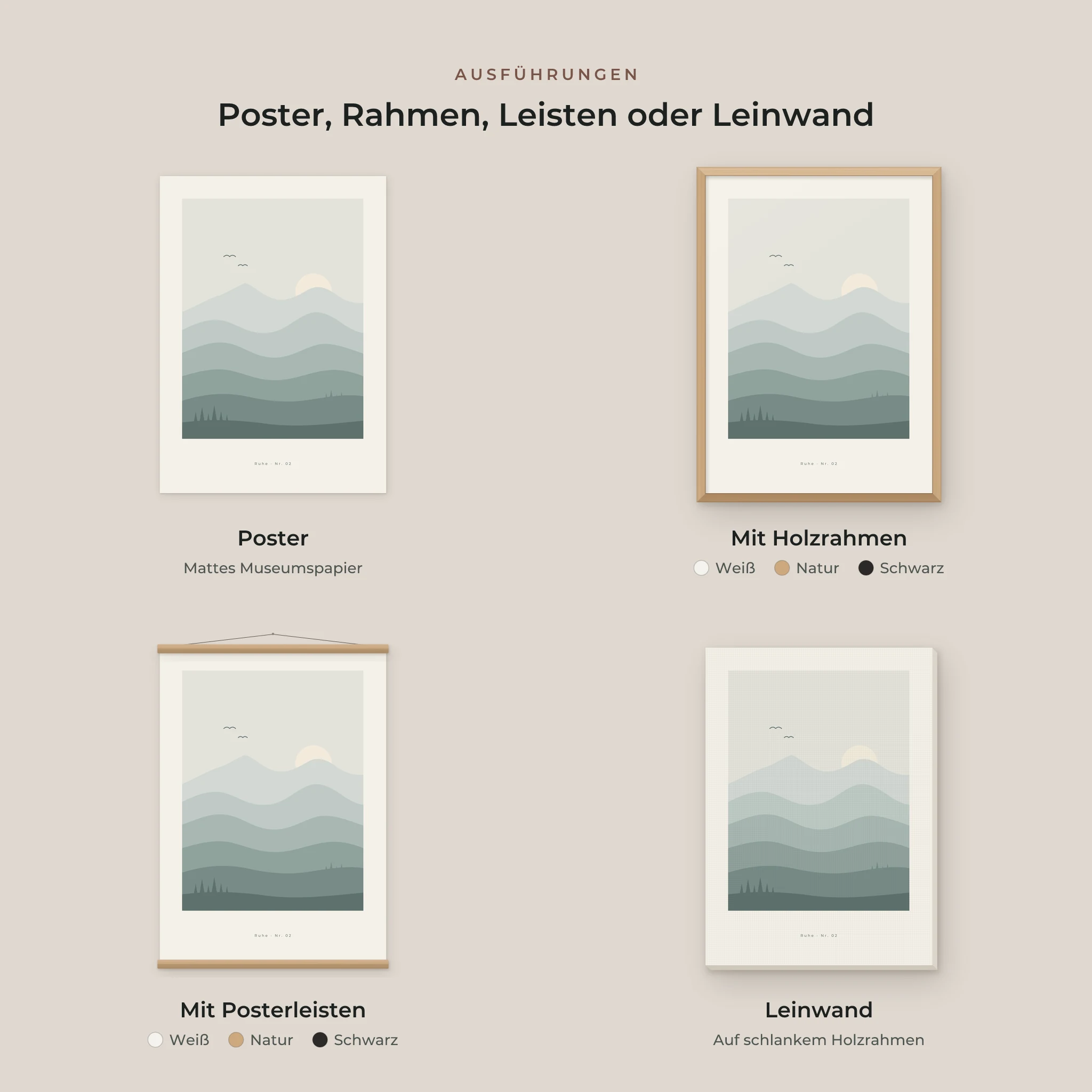 Nebelhügel als Poster, mit Holzrahmen, mit Posterleisten und als Leinwand