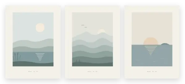 Die drei Motive der Serie Ruhe: Stiller See, Nebelhügel und Horizont