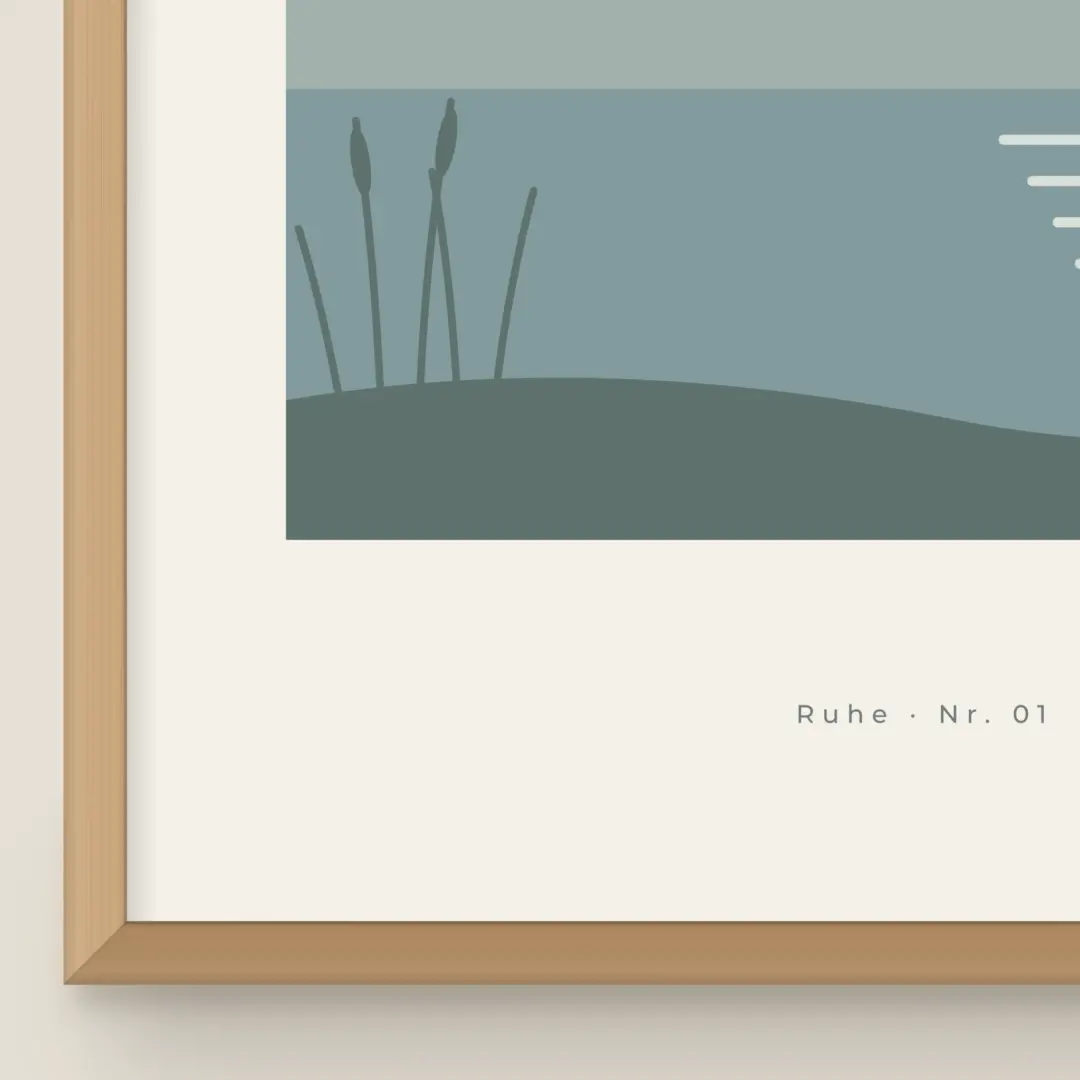 Detail von Stiller See: Ecke des Holzrahmens Natur und Signaturzeile „Ruhe · Nr. 01“