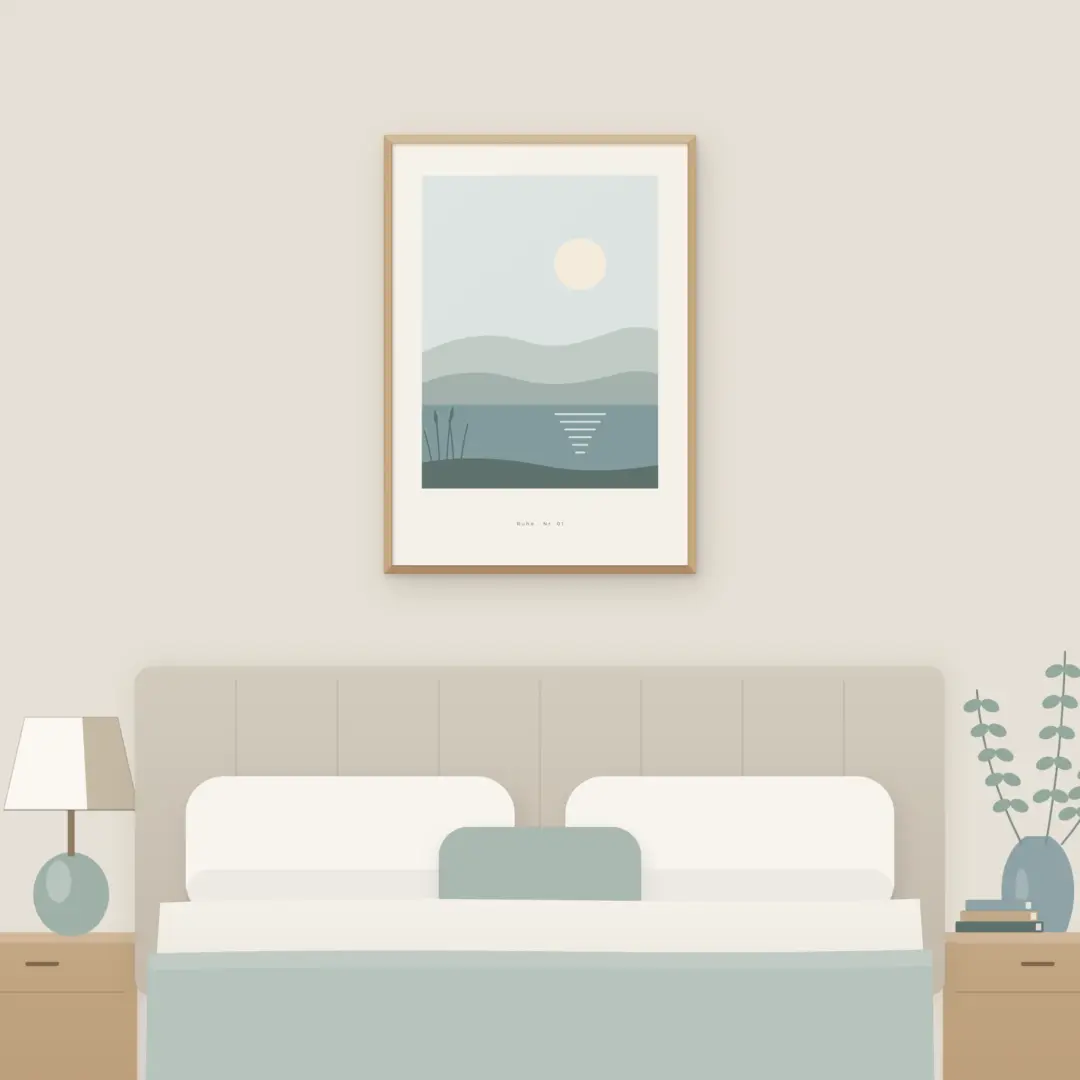 Poster Stiller See im Holzrahmen Natur über dem Bett im Schlafzimmer