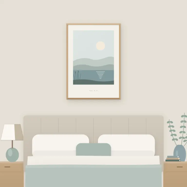 Poster Stiller See im Holzrahmen Natur über dem Bett im Schlafzimmer