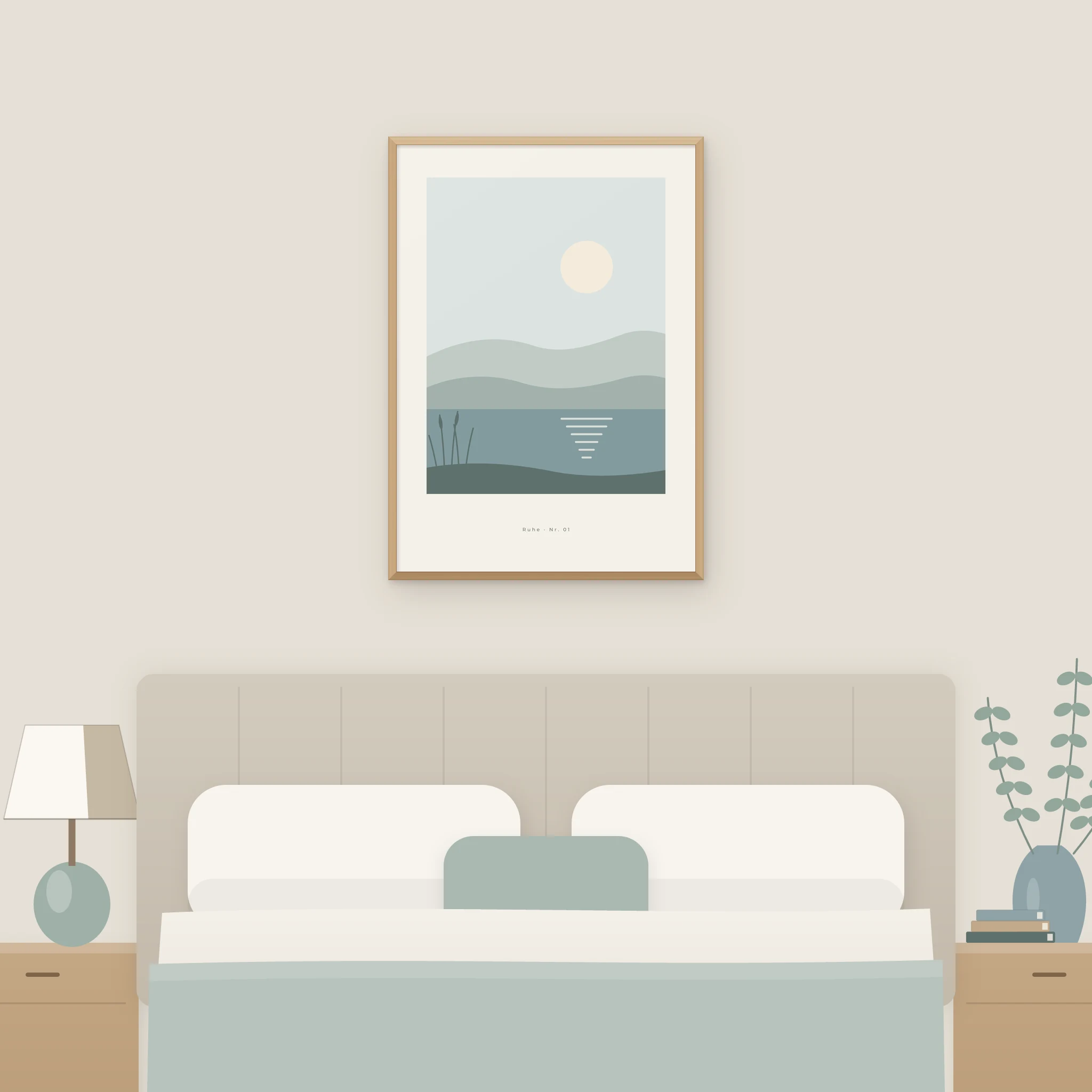 Poster Stiller See im Holzrahmen Natur über dem Bett im Schlafzimmer